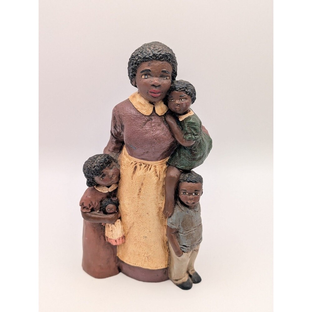 Vintage African American Mother & Children Resin Figurine Black Folk Art Statue